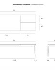 Technical drawing of the Ethnicraft Bok Extendable Dining Table - Oak, showing top, front, and side views with detailed inch dimensions for width, length, height, and leaf extensions.