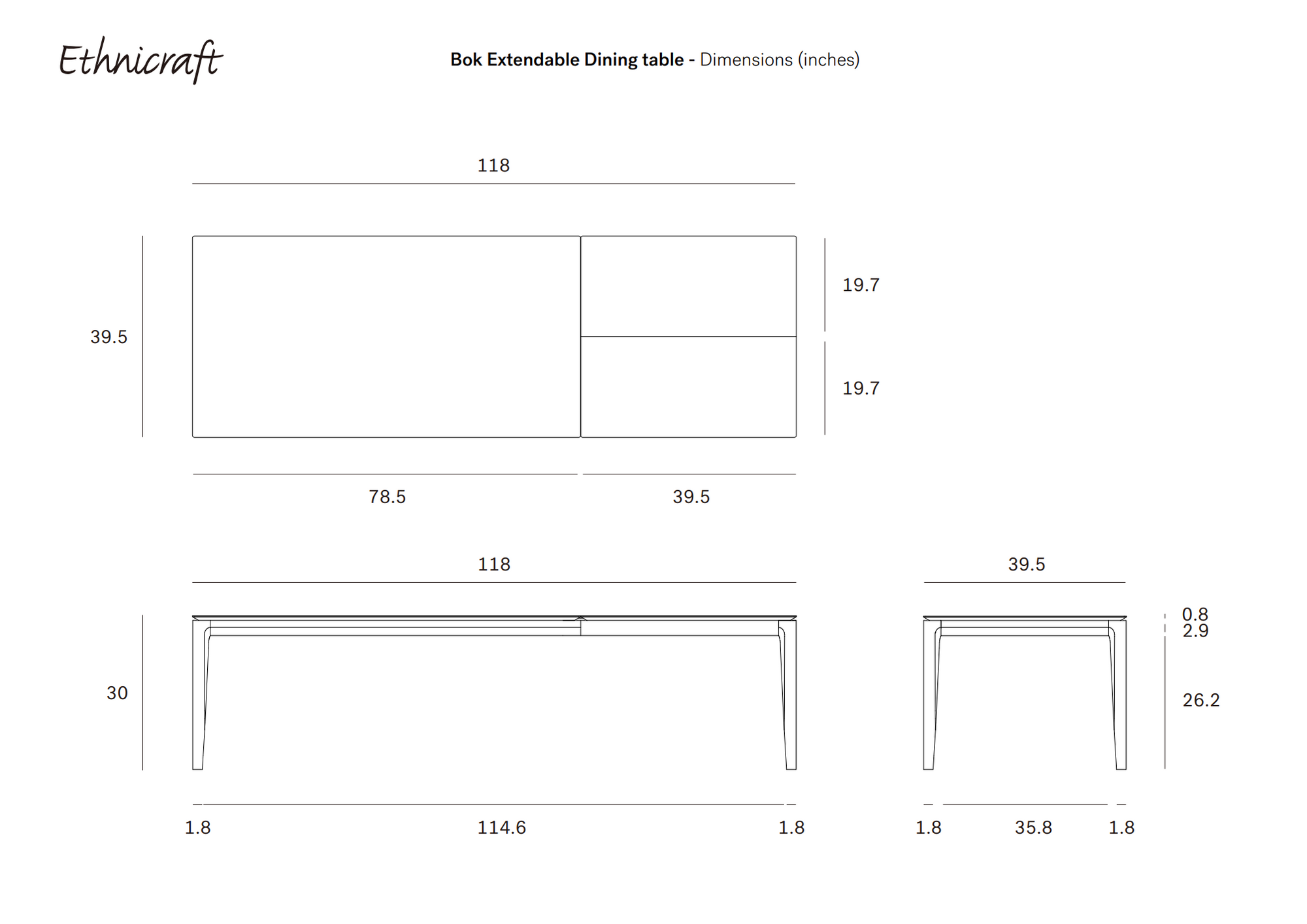 Line drawing of the Ethnicraft Bok Extendable Dining Table - Oak, showing top and side views with measurements in inches: width 78.5–118, depth 39.5, height 30, and extension details.