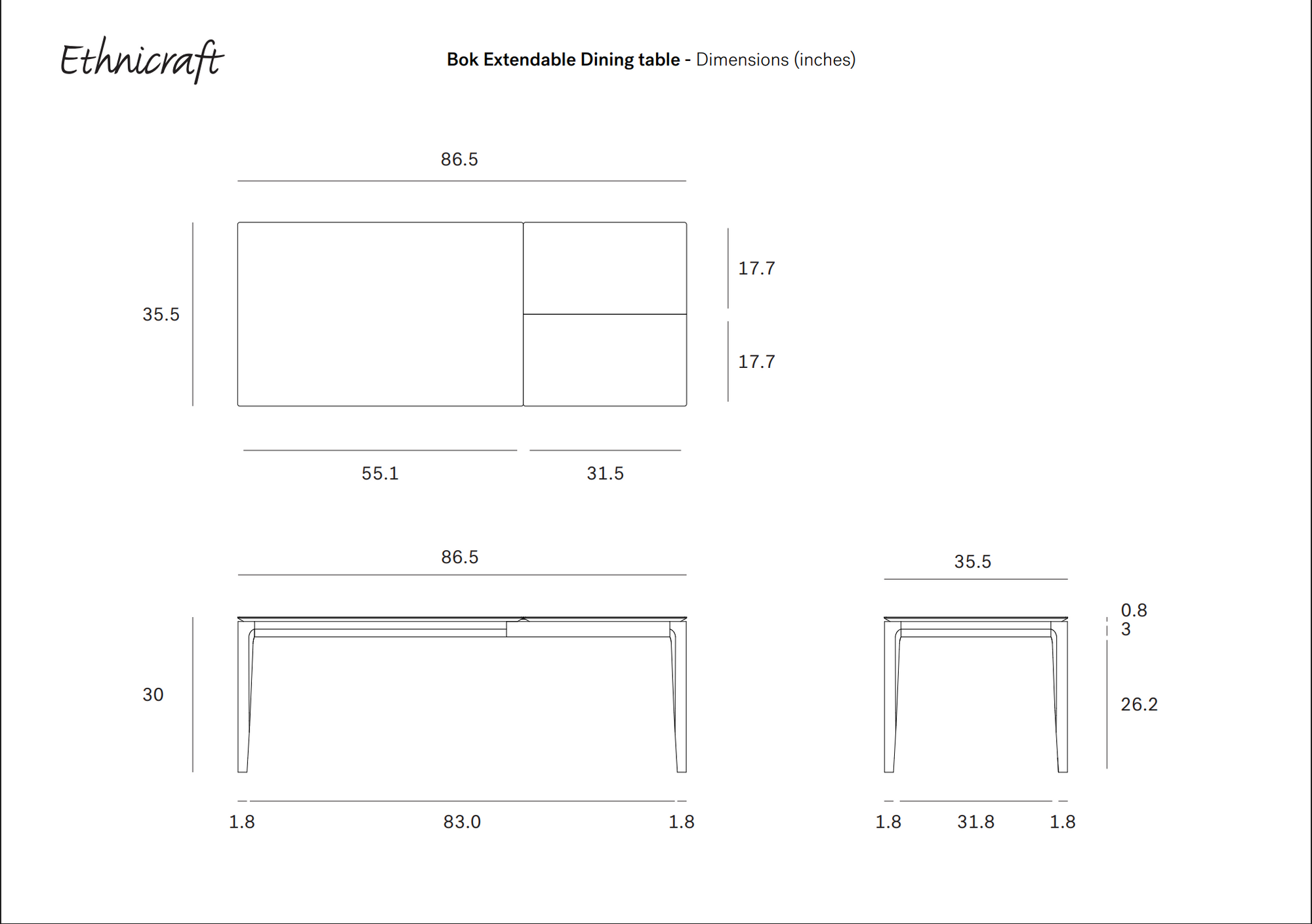 Technical drawing of the Bok Extendable Dining Table - Oak by Ethnicraft, showing top, side, and front views with dimensions in inches. Includes width, height, and length for both extended and closed positions.
