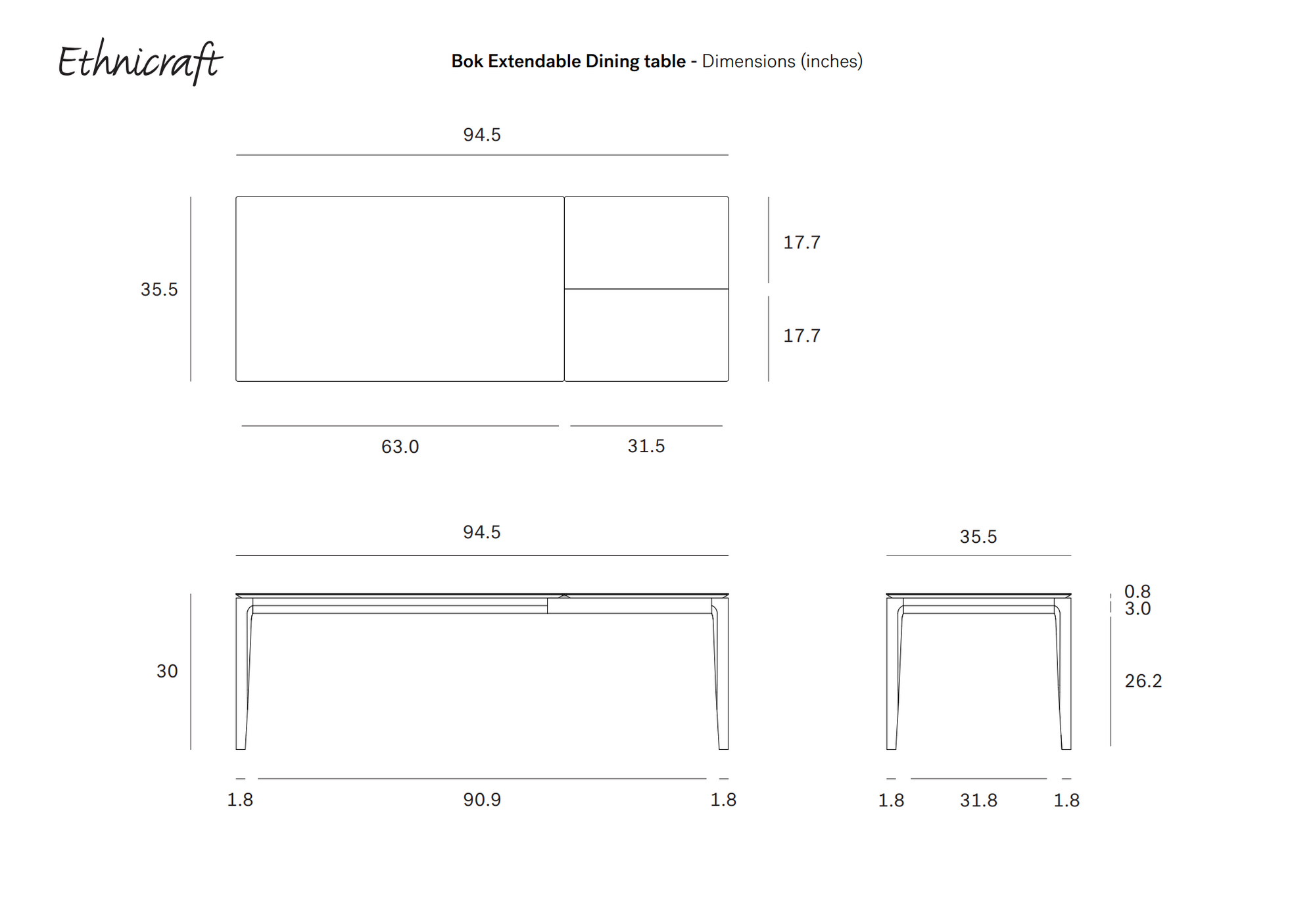 Technical drawing of the Ethnicraft Bok Extendable Dining Table - Oak, showing top, side, and front views with dimensions in inches: length 94.5", width 35.5", and height 30".