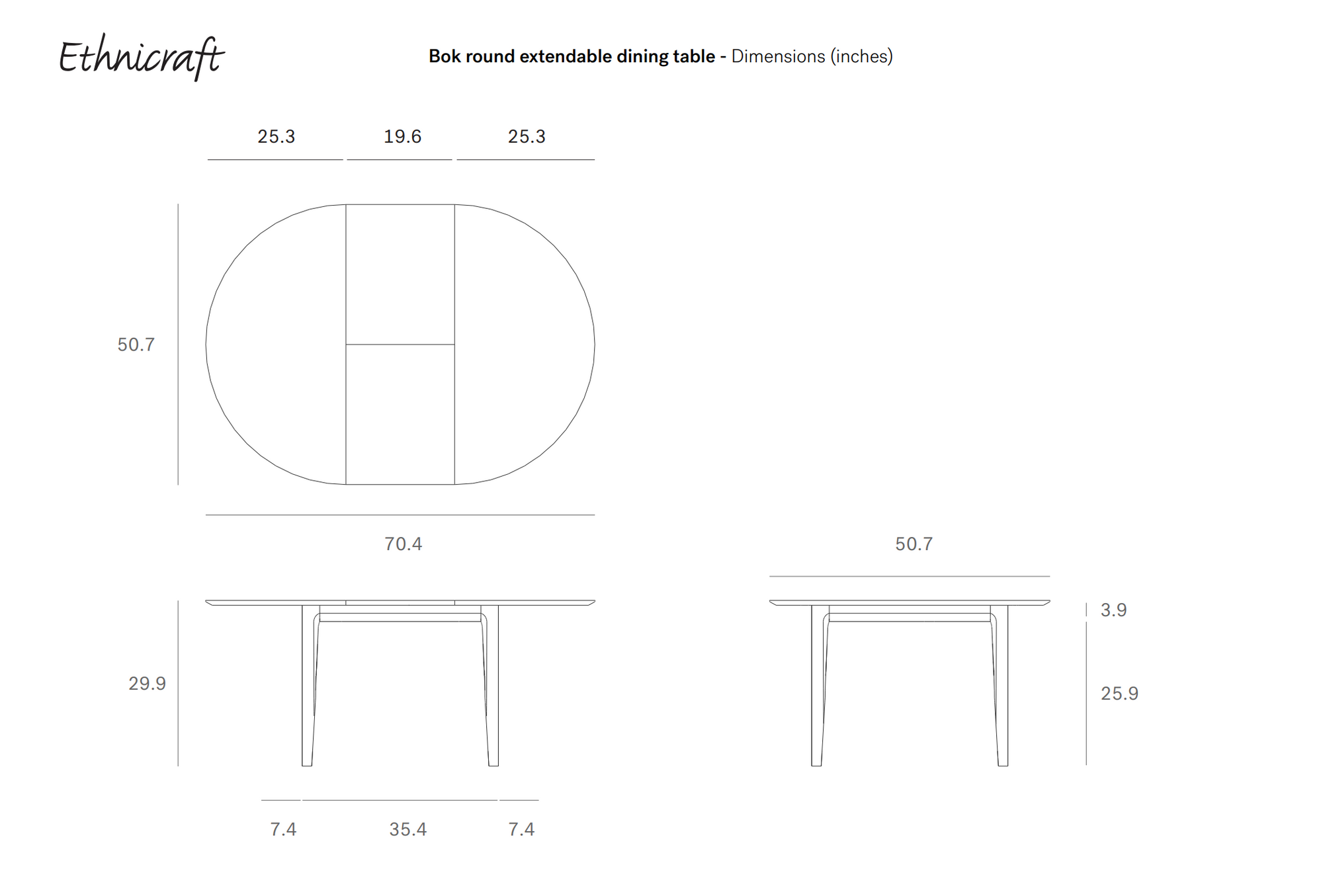 Line drawing of the Ethnicraft Bok Round Extendable Dining Table - Oak, showing top and side views with dimensions in inches: extended width 70.4, depth 50.7, height 29.9, plus leaf-insert and leg spacing measurements.