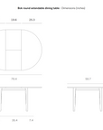 Line drawing of the Ethnicraft Bok Round Extendable Dining Table - Oak, showing top and side views with dimensions in inches: extended width 70.4, depth 50.7, height 29.9, plus leaf-insert and leg spacing measurements.