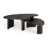 Two Ethnicraft Boomerang Coffee Tables in varnished mahogany, featuring irregular pebble-shaped tops and fluted cylindrical legs, are nested together to create a modern sculptural look against a white backdrop.