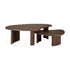 Two modern, overlapping Boomerang Coffee Tables by Ethnicraft, crafted in varnished teak with organic silhouettes and ribbed cylindrical legs. The nesting tables sit at different heights and showcase a rich wood finish.