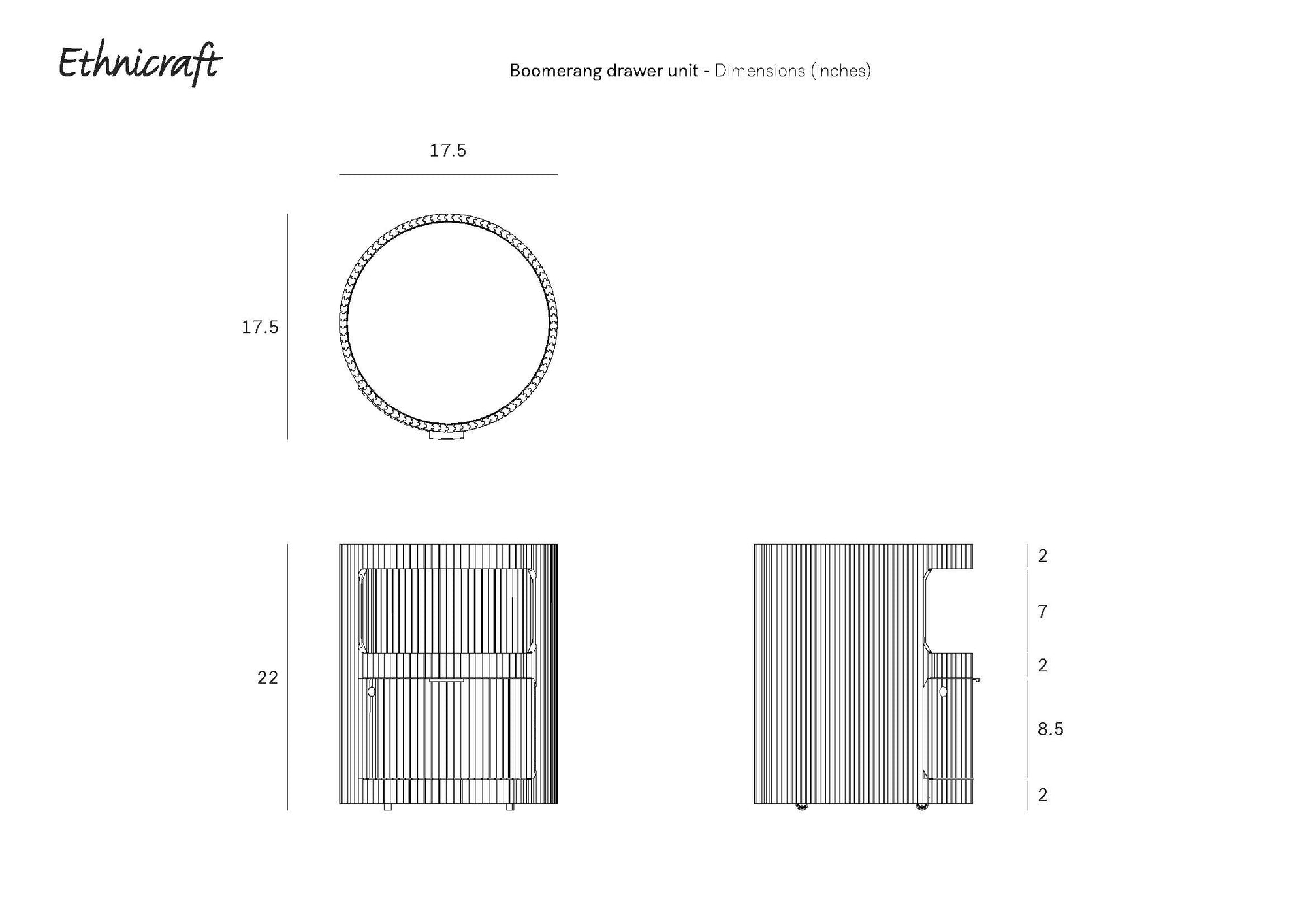 Black and white line drawing of the Ethnicraft Boomerang Drawer Unit, shown in top, front, and side views. Dimensions (in inches): 17.5 diameter, 22 height; drawer heights are 2, 7, 2, and 8.5.