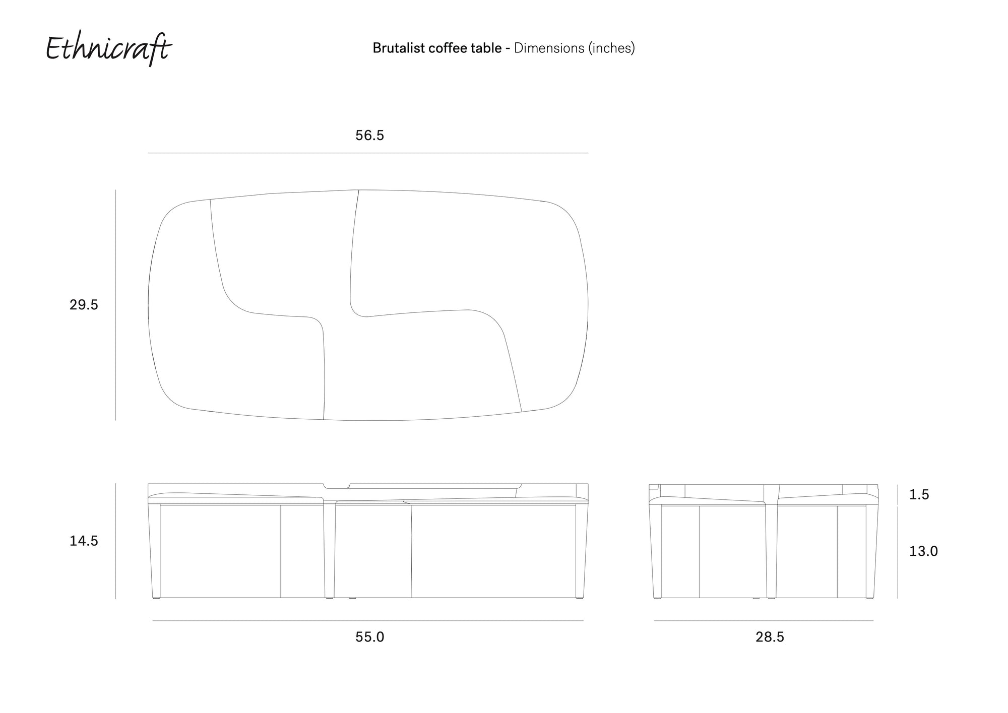 Line drawing of the Ethnicraft Brutalist Coffee Table in solid mahogany, shown from top, front, and side with inch dimensions. This piece features bold geometric shapes inspired by Brutalist design.