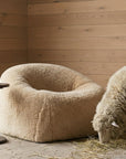 A sheep grazes on hay beside a beige, woolly armchair and a Bystander Side Table by Wooden Stories in a wooden-paneled room.