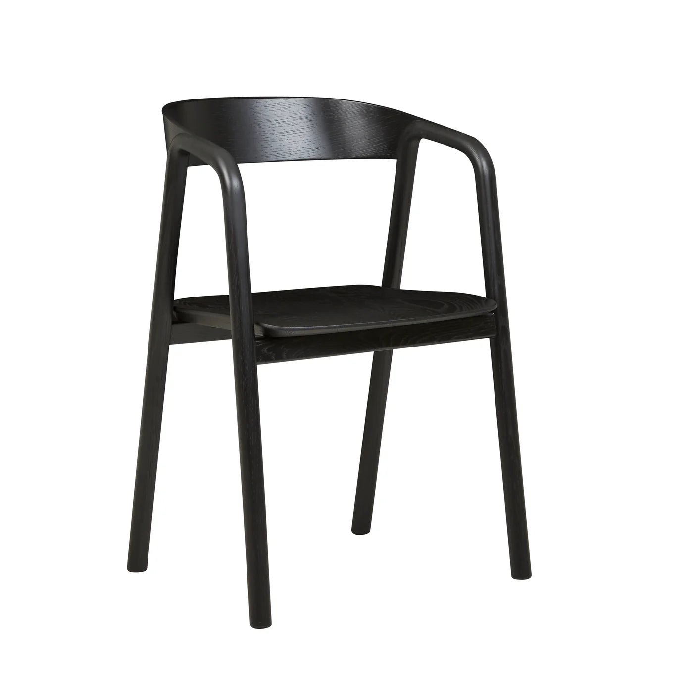 The Inlay Dining Chair | Black Oak by Wooden Stories features a minimalist design with Danish-inspired lines, a curved plywood backrest, four straight legs, smooth edges, and a slightly reclined back for comfort.
