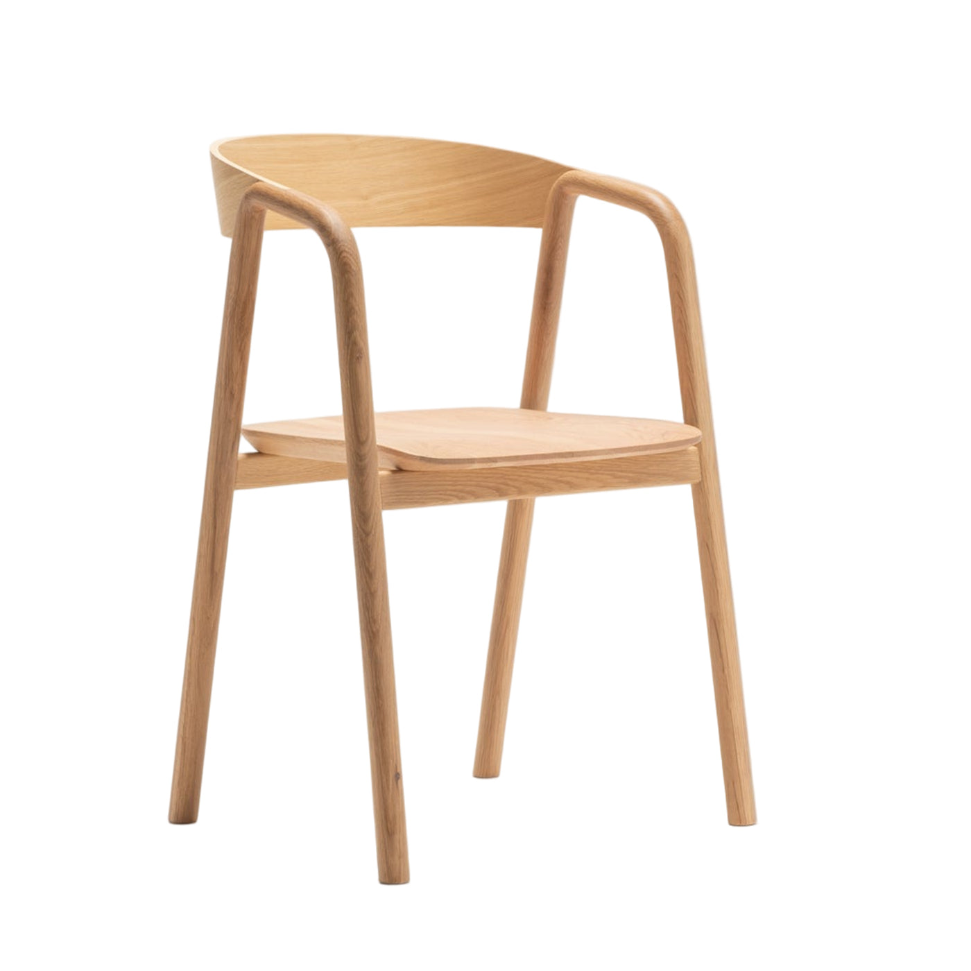 The Inlay Dining Chair | Light Oak by Wooden Stories showcases a minimalist design with a curved backrest and armrests in solid oak, photographed against a white background.