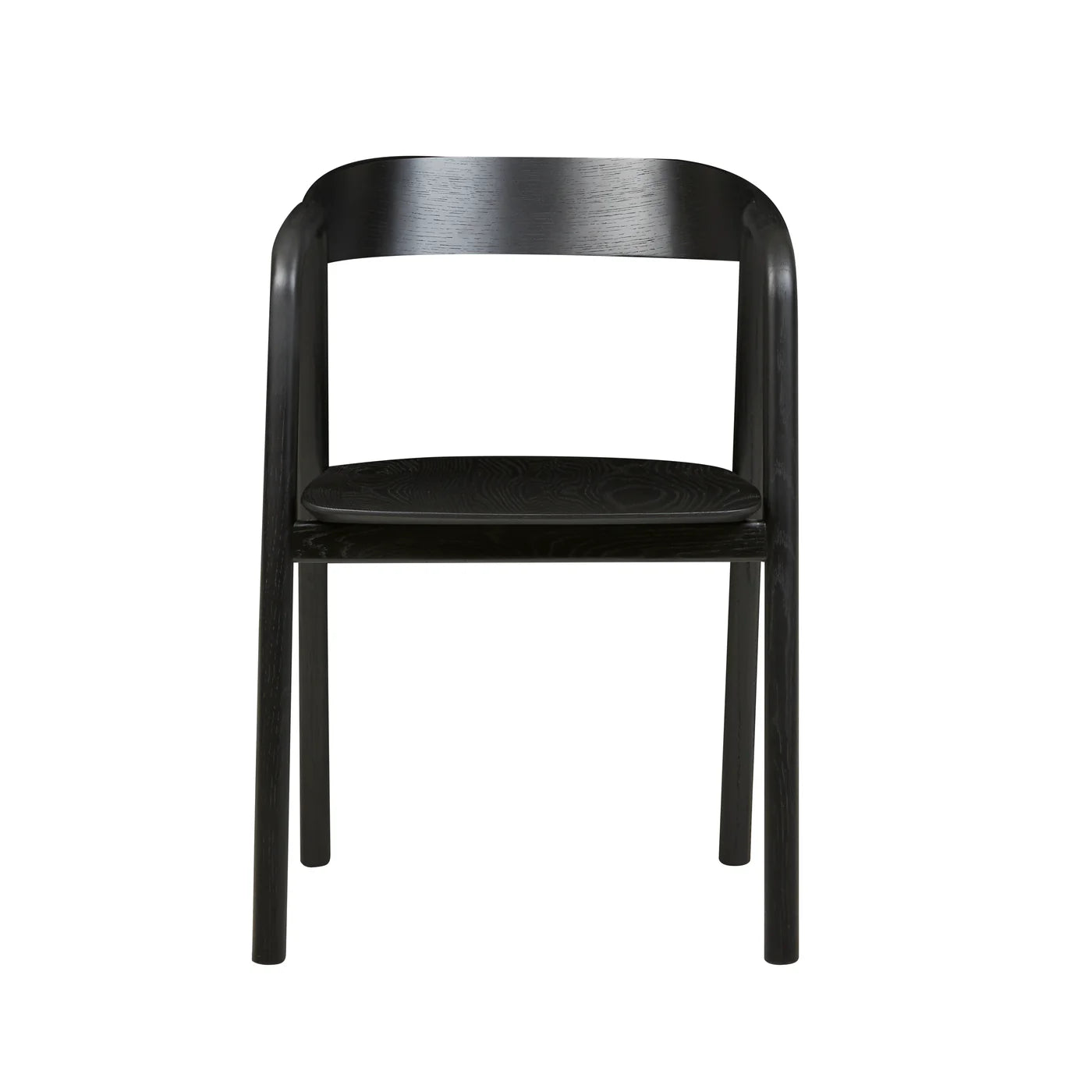 The Inlay Dining Chair by Wooden Stories features a curved black oak plywood backrest and four straight legs, shown front-facing on a white background, blending subtle Danish lines with minimalist elegance.