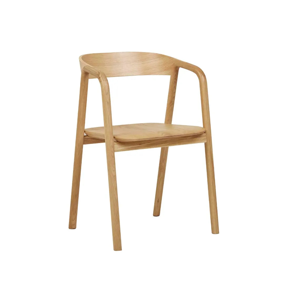 The Inlay Dining Chair | Light Oak by Wooden Stories features a curved backrest and armrests, crafted from solid oak with four legs and a smooth, minimalist design in a light wood finish inspired by the Danish Collection.