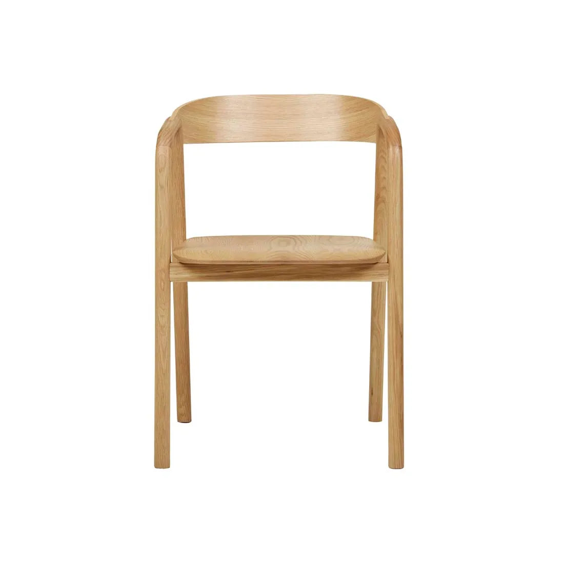 The Inlay Dining Chair by Wooden Stories features light oak, a solid build, curved backrest, flat seat, and clean lines for a minimalist look.
