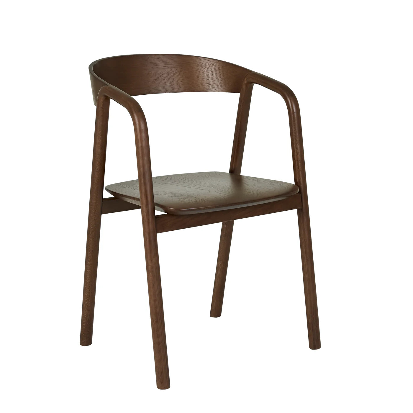 The Inlay Dining Chair | Espresso Oak by Wooden Stories features a curved plywood backrest and armrests, smooth dark espresso oak finish, open design under the arms, four straight legs, and a slightly curved upholstered seat.
