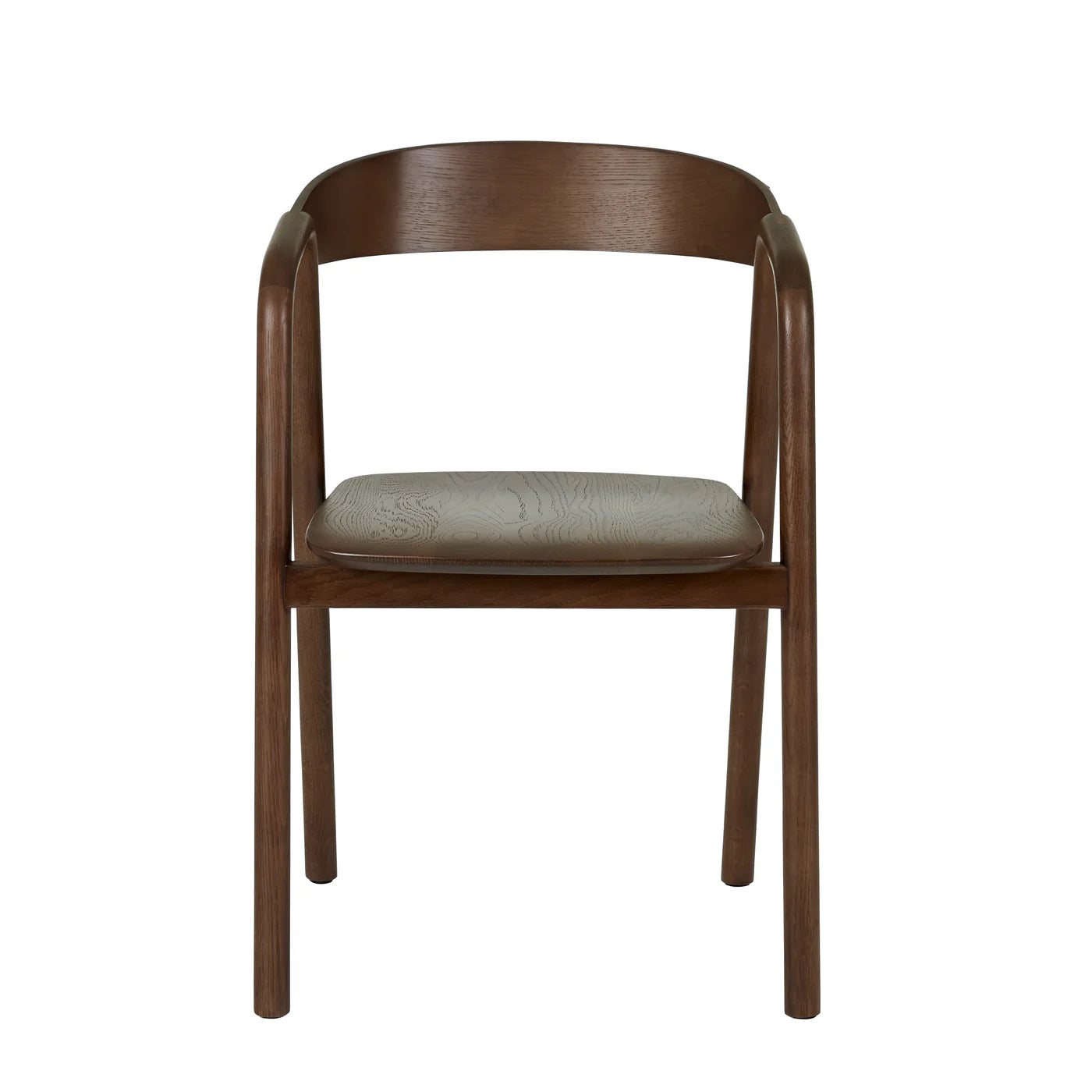 Front view of the Wooden Stories Inlay Dining Chair in Espresso Oak, showcasing a plywood backrest with curved armrests and a light upholstered seat, set against a plain white background.