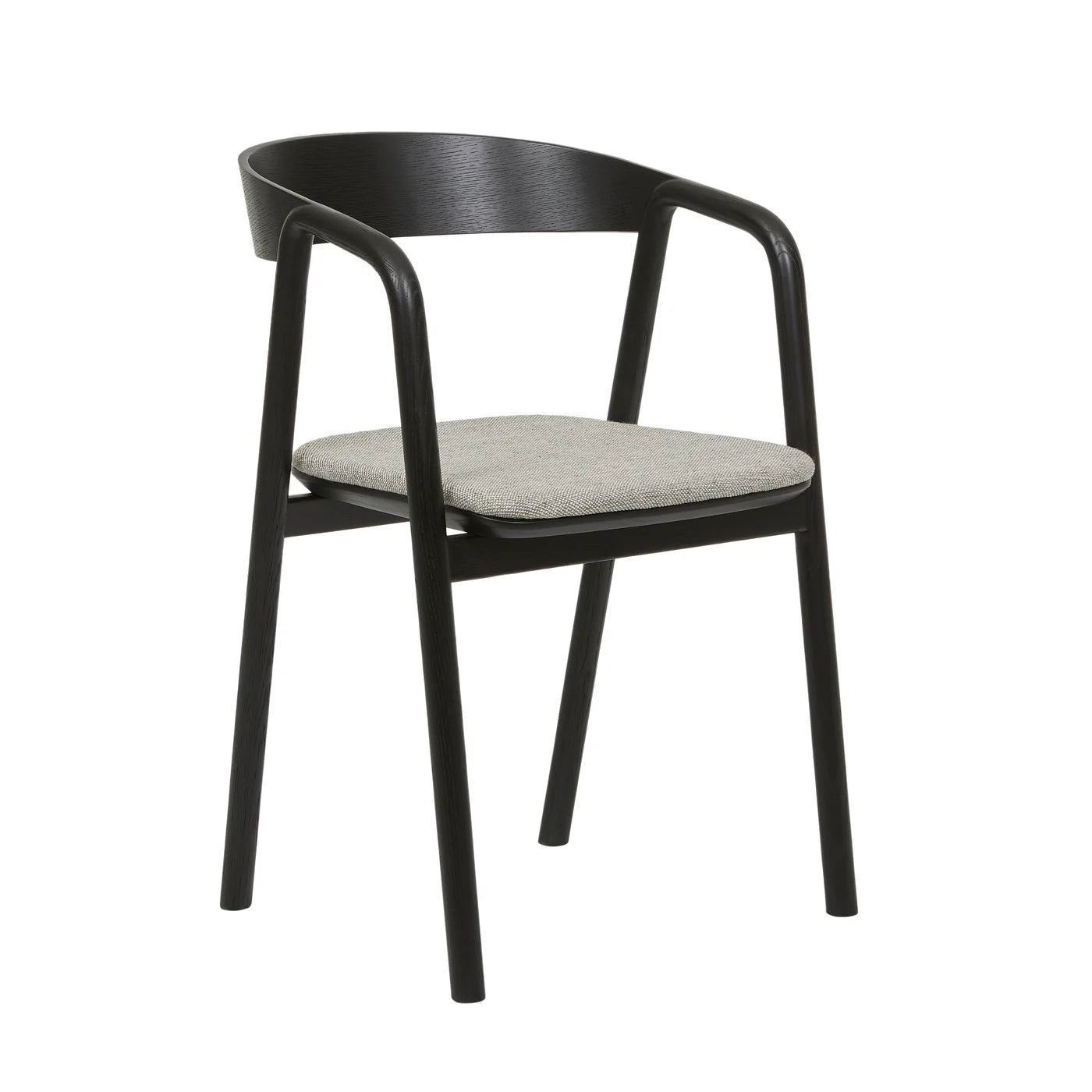 The Wooden Stories Inlay Dining Chair features black oak, a curved plywood backrest, open sides, and a light gray fabric seat, set against a white background.