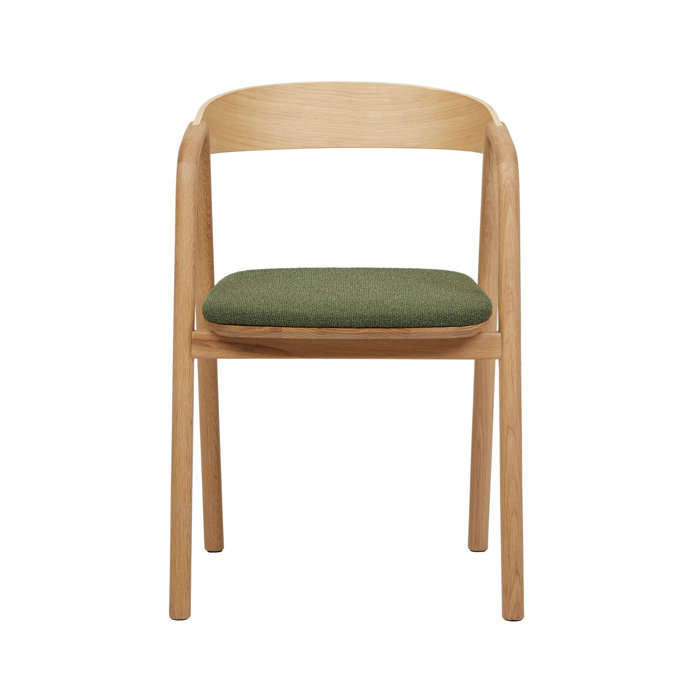 The Wooden Stories Inlay Dining Chair features a curving plywood backrest, solid wood arms, light oak finish, and a green fabric seat cushion, shown from the front against a white background.