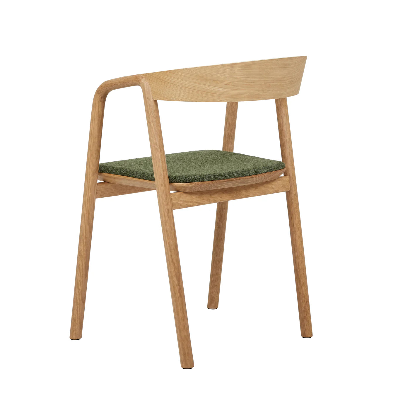 The Wooden Stories Inlay Dining Chair features light oak arms, a curved plywood backrest, and a green fabric seat cushion, displayed at an angle against a white background.