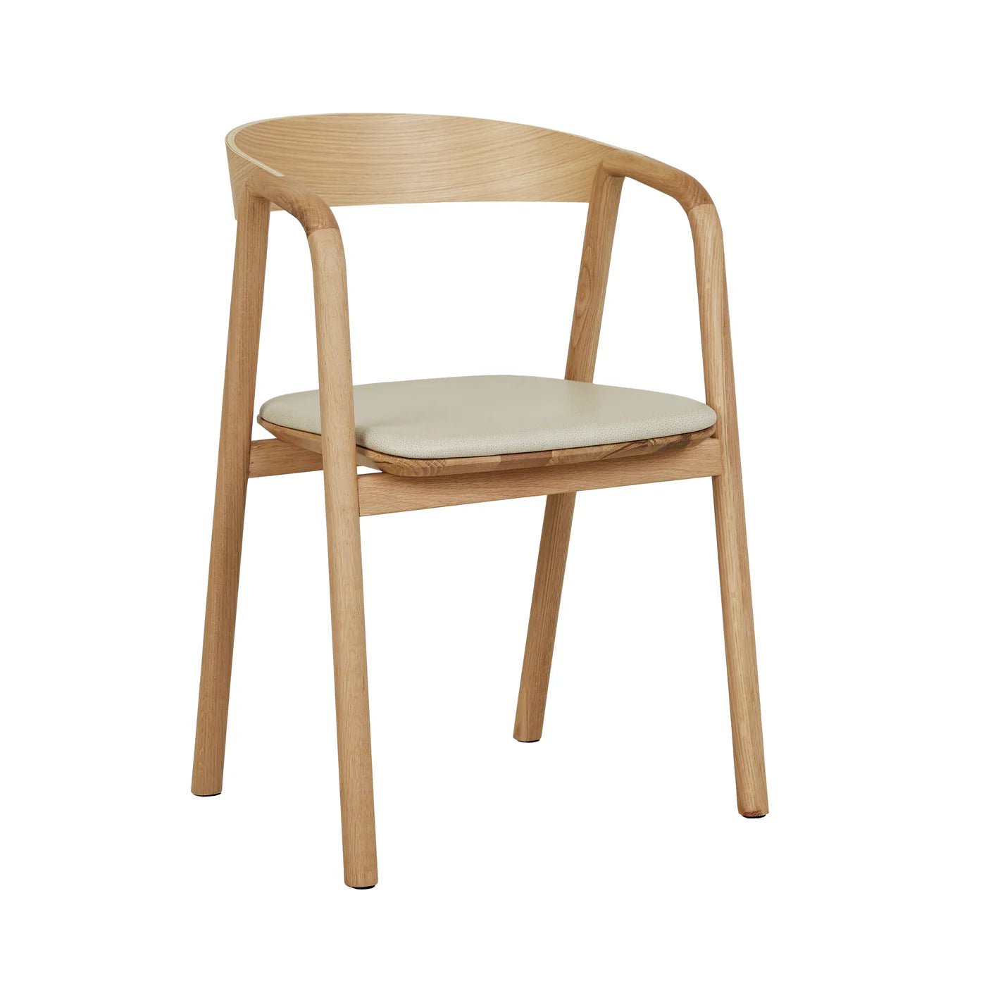 The Inlay Dining Chair by Wooden Stories features a minimalist, contemporary design with a rounded light oak plywood backrest and armrests, angled legs, and a light beige leather upholstered seat.