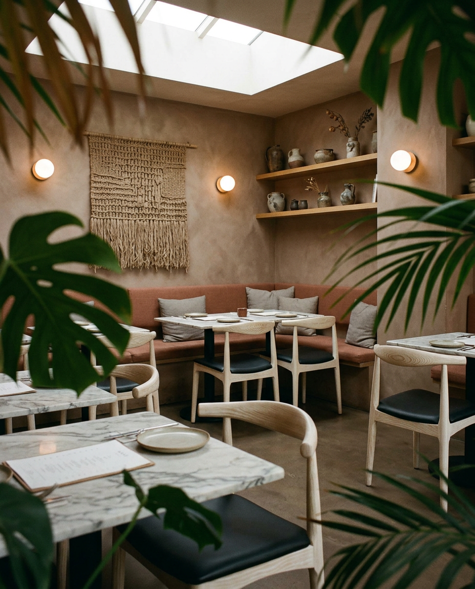 A cozy, modern cafe with marble tables, SOBU Copenhagen Dining Chairs in White Ash, and a leather seat bench along the wall. Potted plants, ceramic vases on shelves, and a woven wall hanging create a warm, inviting atmosphere.
