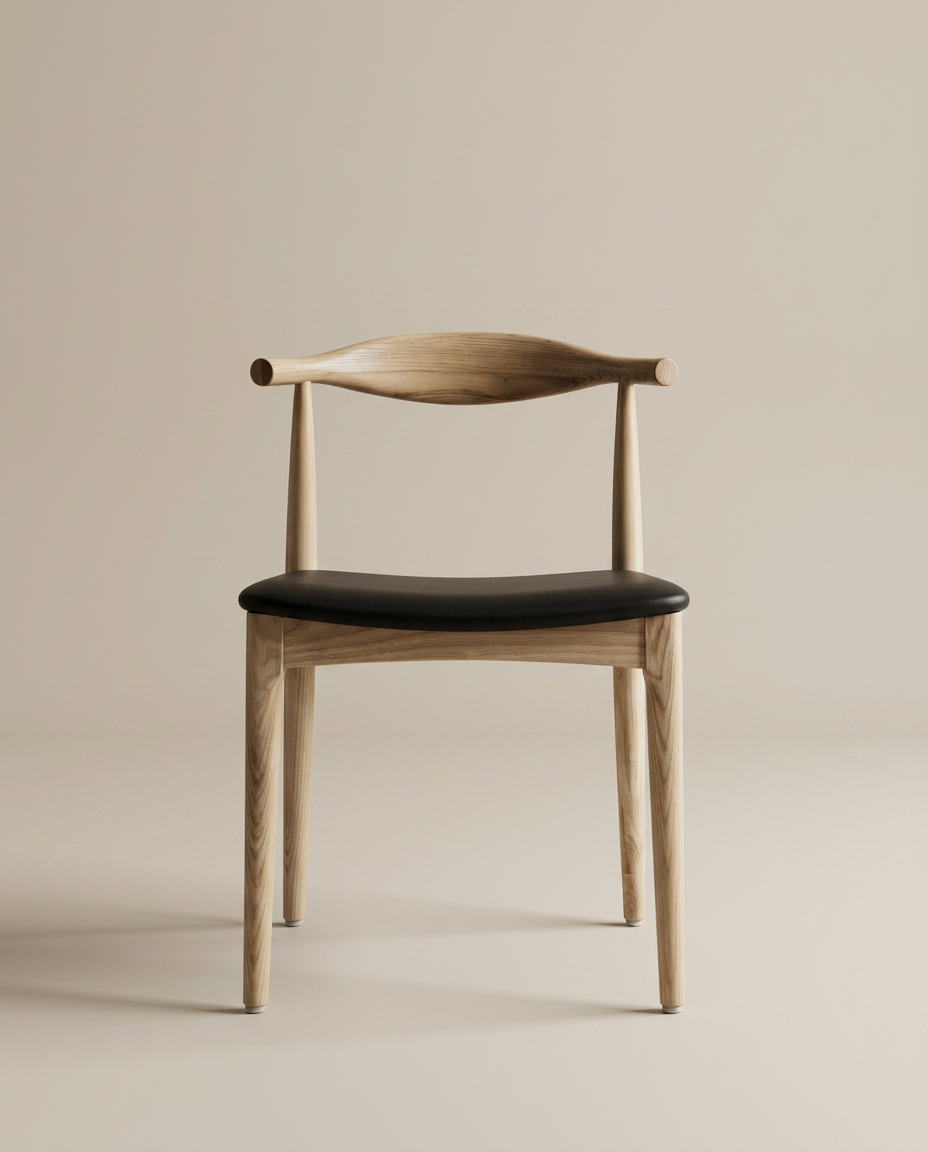 The SOBU Copenhagen Dining Chair - White Ash features a modern curved backrest and black leather seat, set against a beige background. Its minimalist look draws inspiration from Scandinavian and mid-century design.