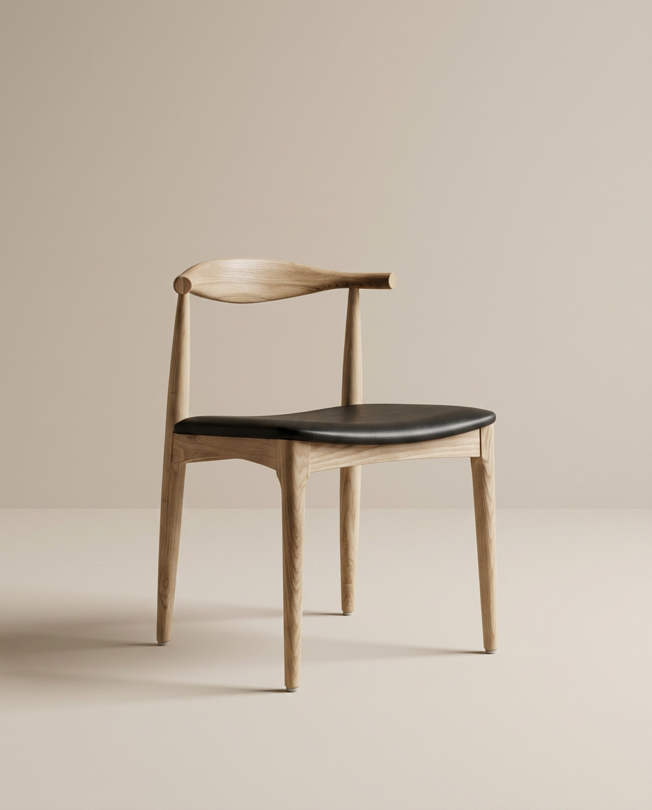 The Copenhagen Dining Chair by SOBU features a minimalist mid-century design with a curved backrest, black leather seat, and solid white ash wood, shown against a plain beige background.