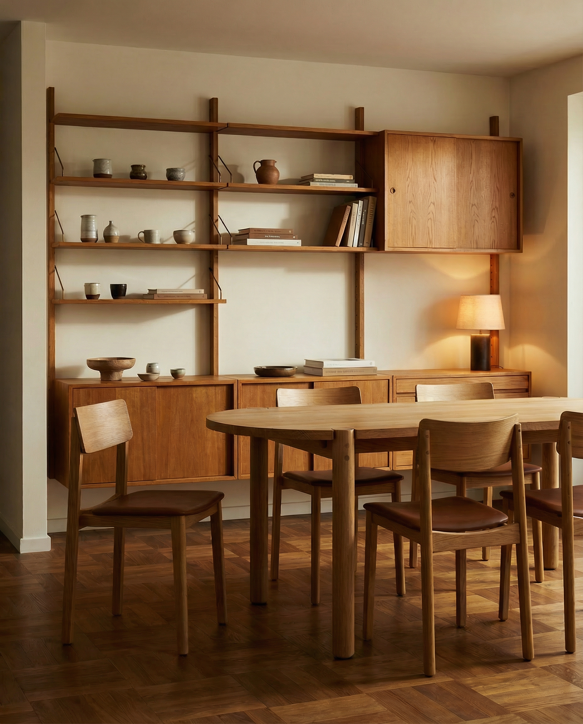 A modern dining room features Wooden Stories’ Poise Dining Chair in Light Oak with Leather, a solid oak table and sideboard, wall shelves with ceramics and books, all set against a light wall and parquet floor.