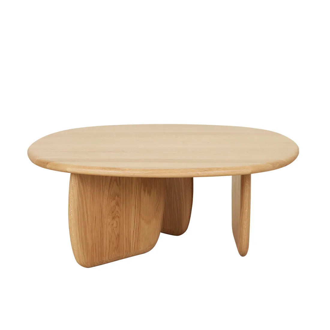 The Eden Coffee Table - Light Oak by Wooden Stories features a modern round design, smooth light finish, and curved panel legs, bringing organic style to any living space.