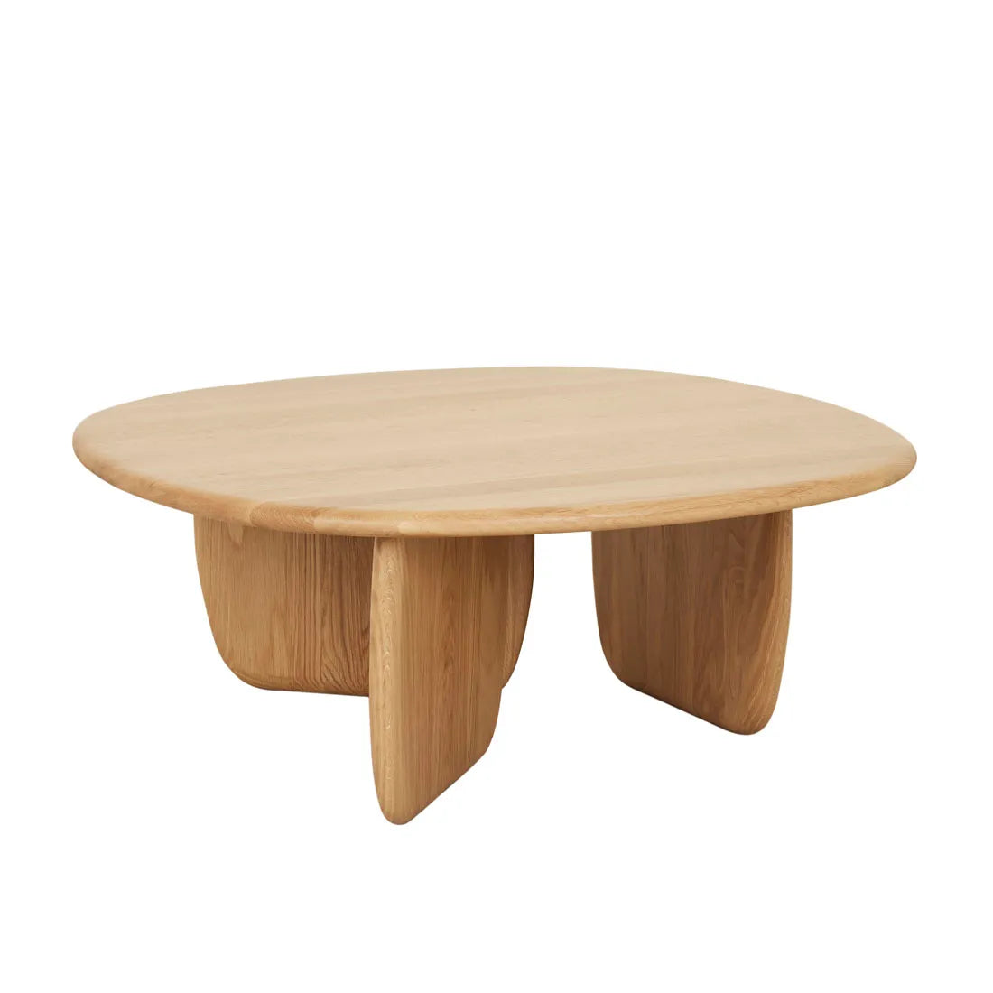 The Eden Coffee Table by Wooden Stories features a round, light oak top and three thick, curved panel legs for a modern, minimalist look.