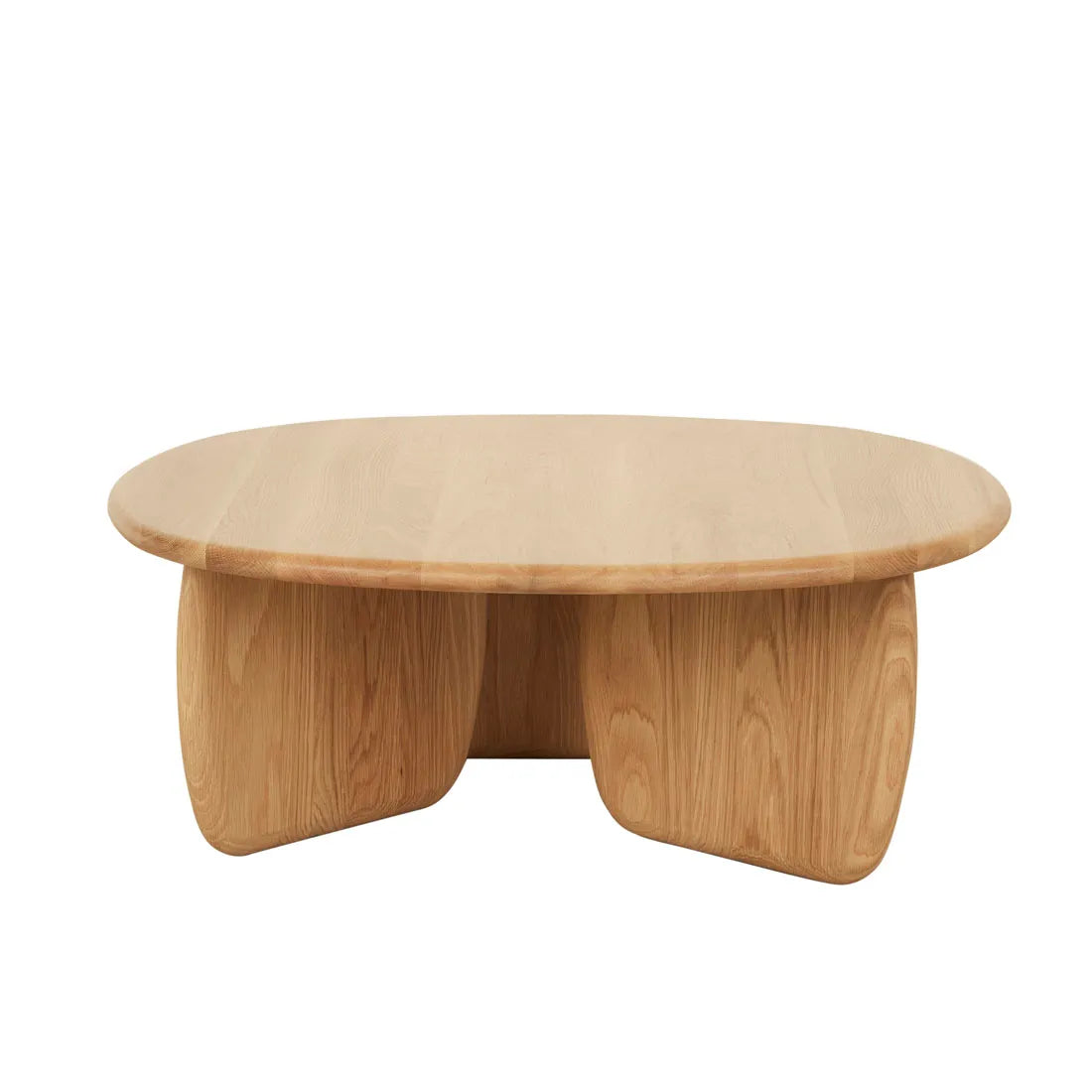 The Eden Coffee Table by Wooden Stories features a modern oval design, smooth surface, and wide curved legs in a light oak finish.