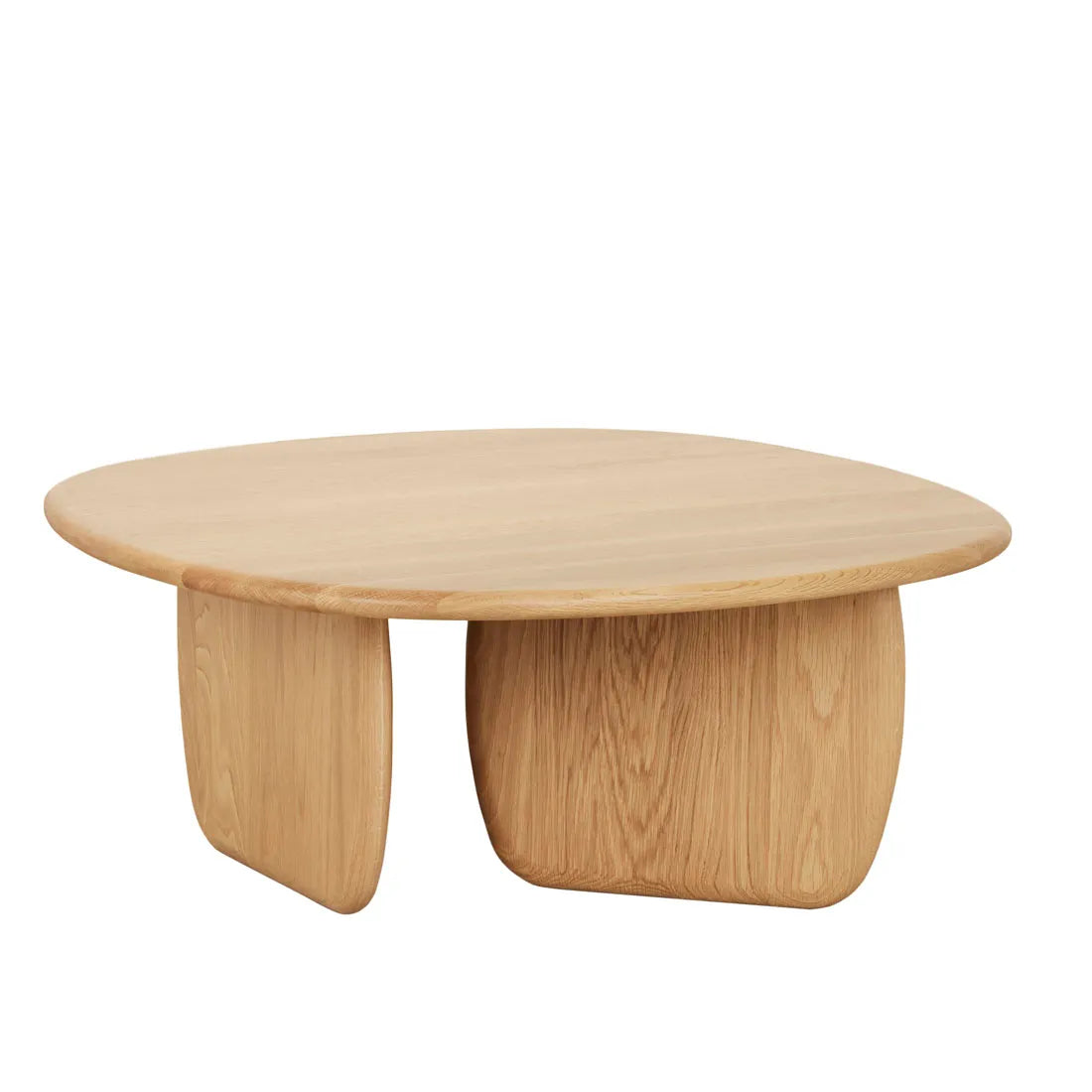 The Eden Coffee Table - Light Oak by Wooden Stories is a round, organic table with a smooth surface and two wide, curved legs that highlight the natural wood grain.
