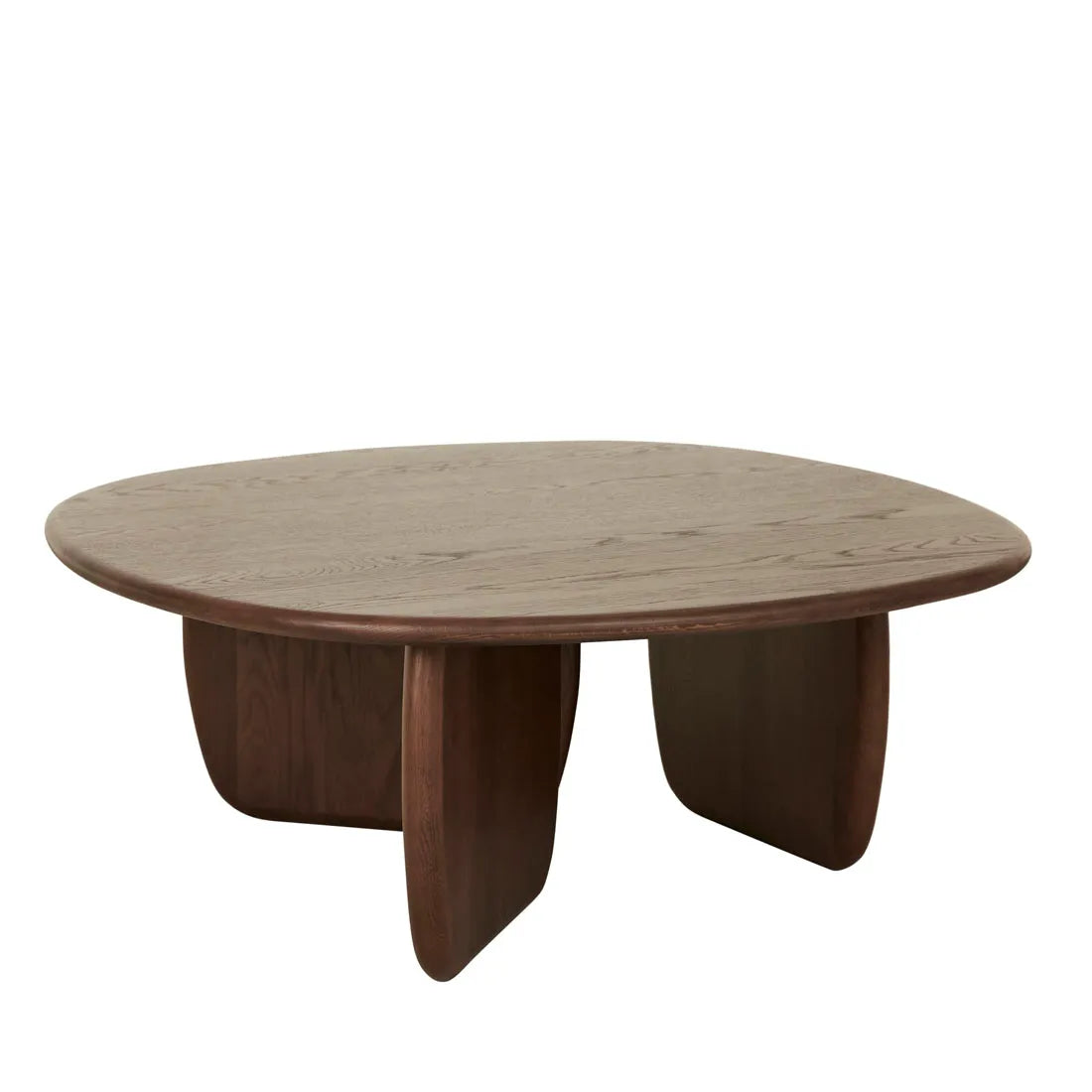 The Eden Coffee Table - Espresso Oak by Wooden Stories features a smooth, round top and three curved timber supports in a dark brown finish, offering a modern, minimalist look with organic design for contemporary spaces.