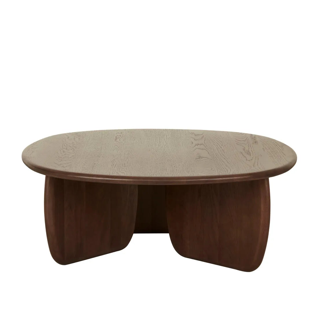 The Eden Coffee Table - Espresso Oak by Wooden Stories features an organic oval design with sturdy, curved intersecting legs, a smooth surface, and a rich dark finish that highlights the woods natural grain patterns.