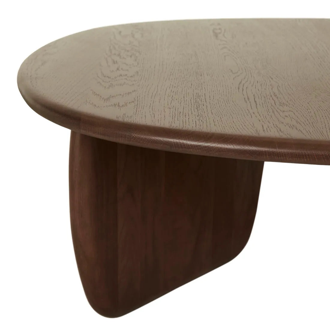 Close-up of the Eden Coffee Table by Wooden Stories, featuring an oval espresso oak top and thick, curved timber supports for an organic, modern look.