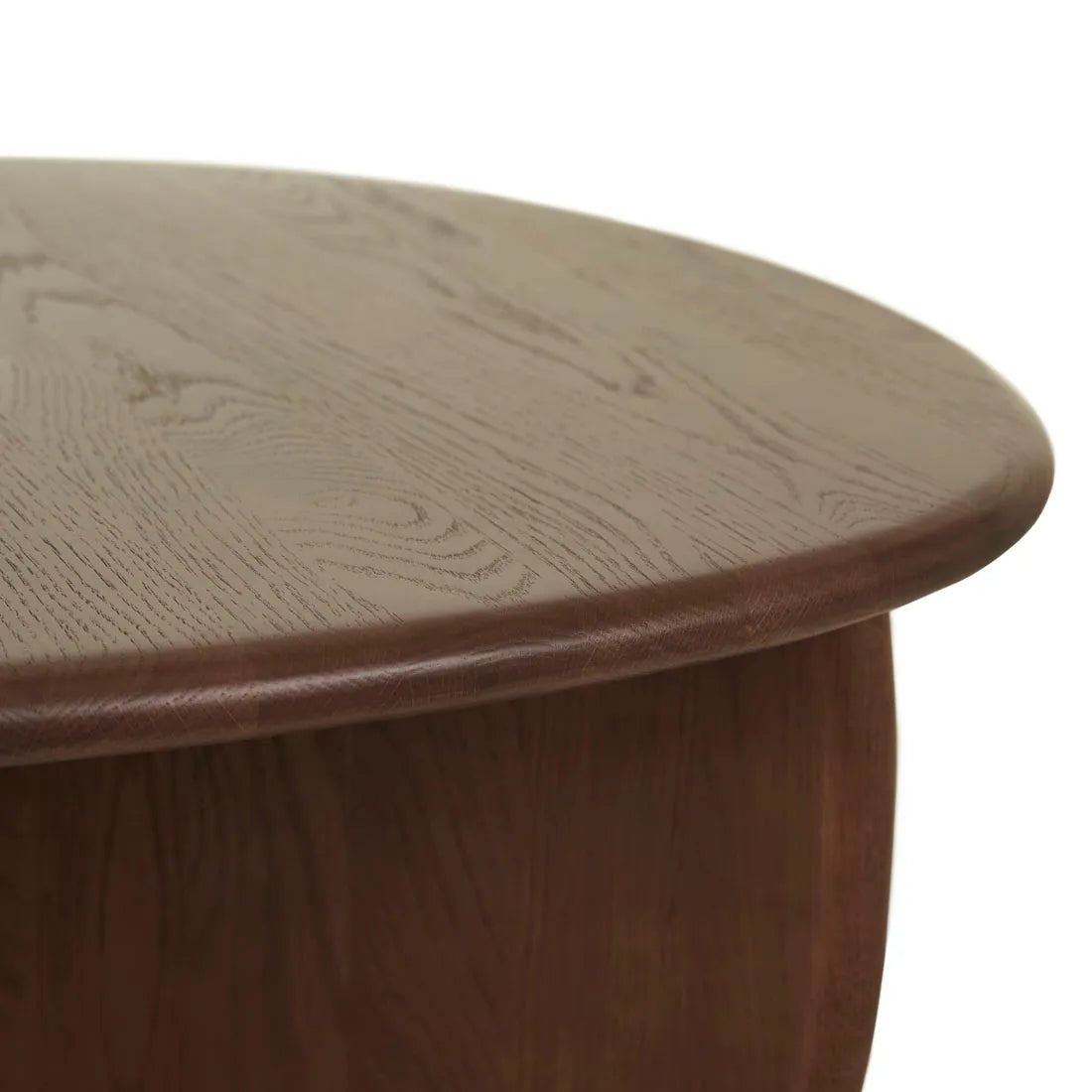 Close-up of the edge and surface of the Wooden Stories Eden Coffee Table in Espresso Oak, highlighting its visible wood grain, smooth finish, and organic design elements set against a white background.