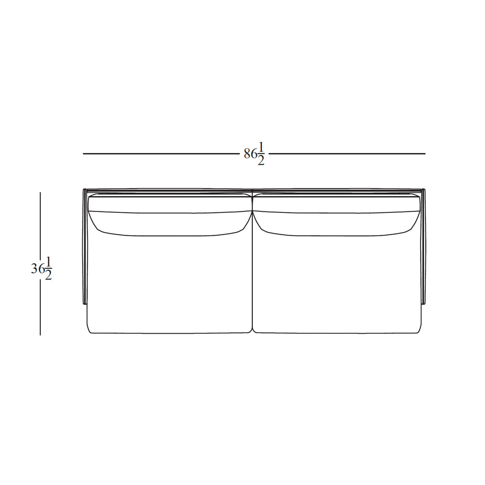 Line drawing of the Cherry Sofa 87" by Wooden Stories, viewed from above, with Danish lines. Dimensions labeled: 87" width, 36.5" height, featuring two seat and two back cushions—ideal for modern living spaces.