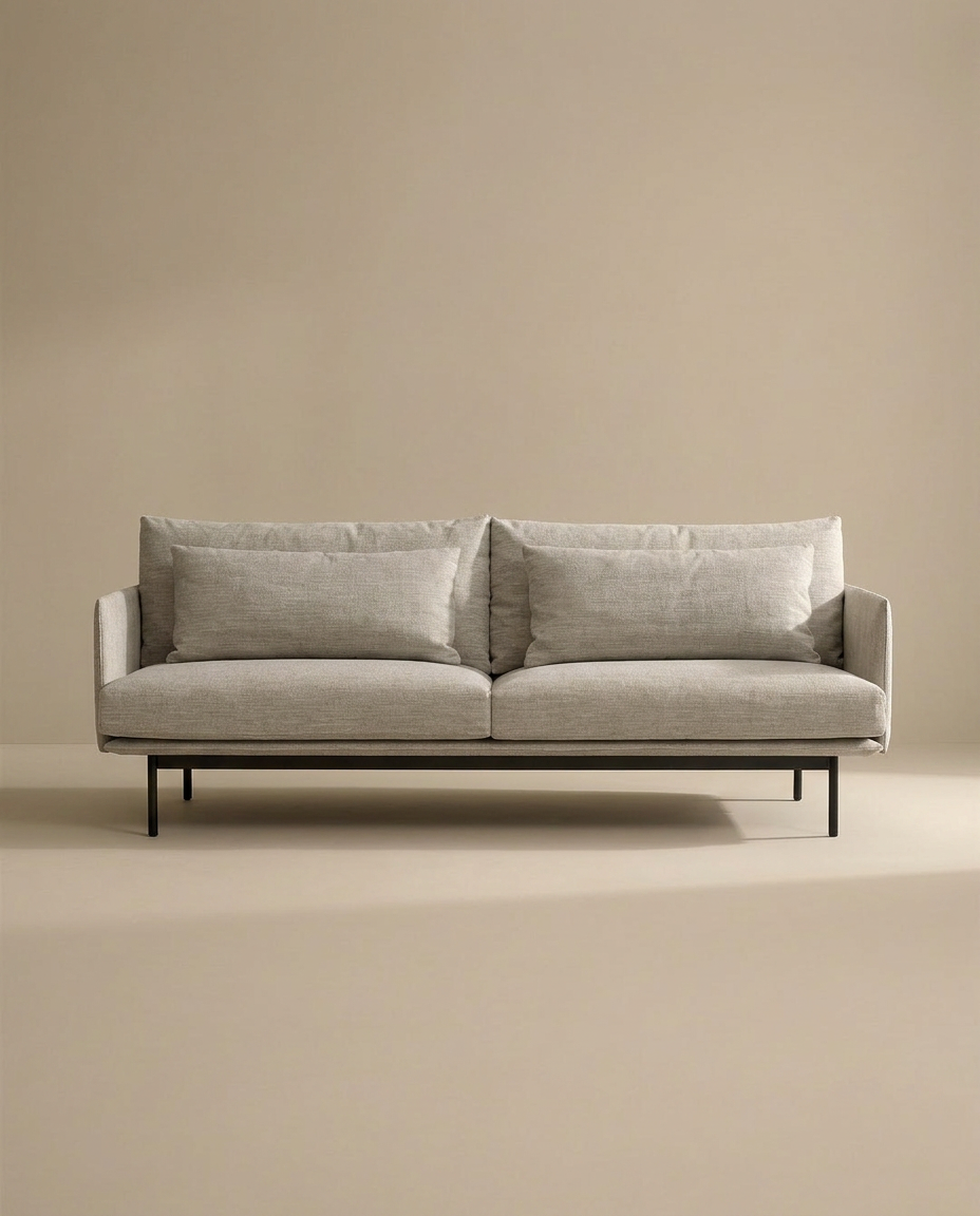 The SOBU Cherry Sofa | Fabric is a modern, minimalist 3-seater in light gray with Danish lines, two seat cushions, slender armrests, and black metal legs—ideal for contemporary living spaces.