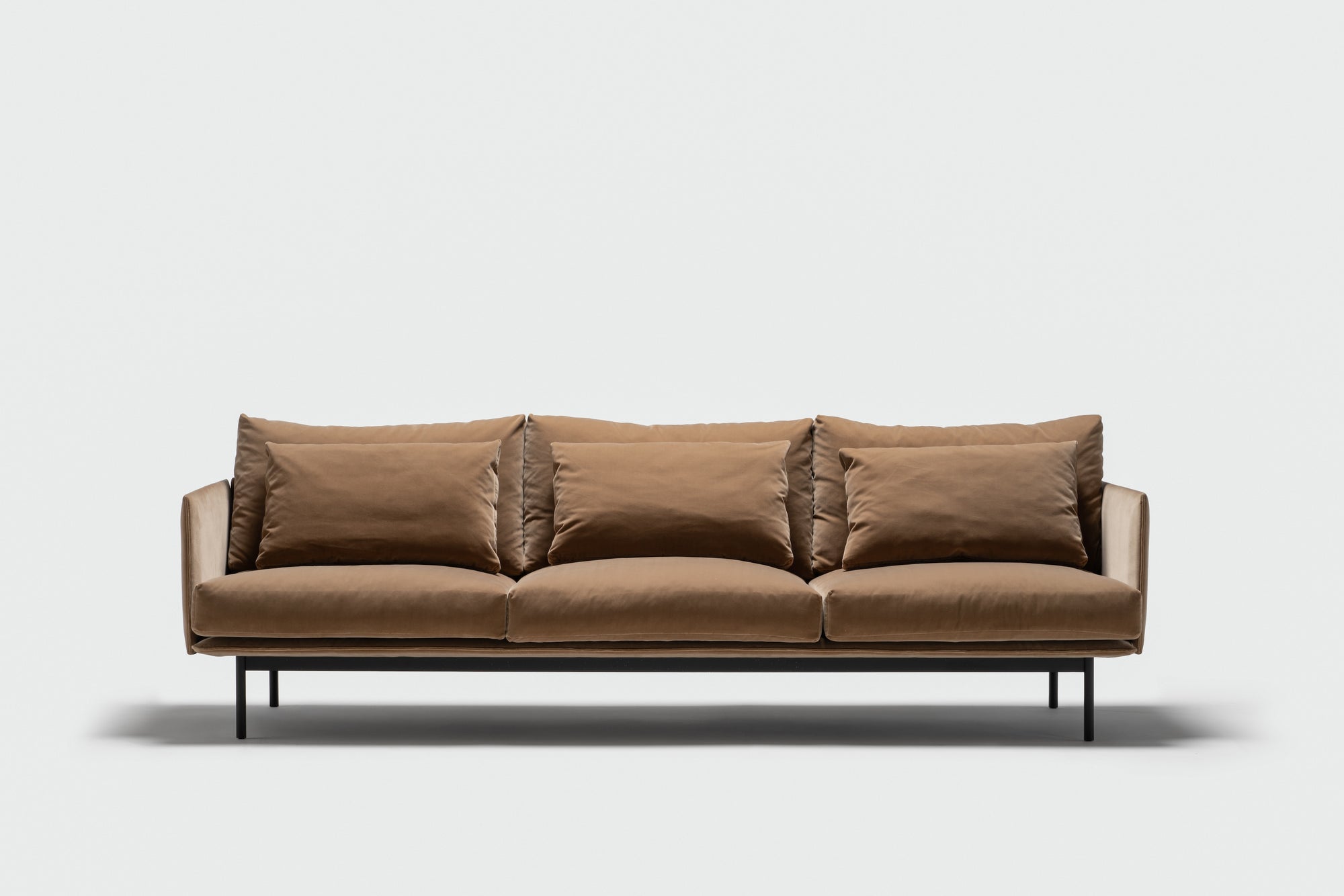 The Wooden Stories Cherry Sofa 95" | Fabric is a modern three-seater with plush cushions and Danish lines on a minimalist black metal frame, set against a plain white background—perfect for contemporary living spaces.