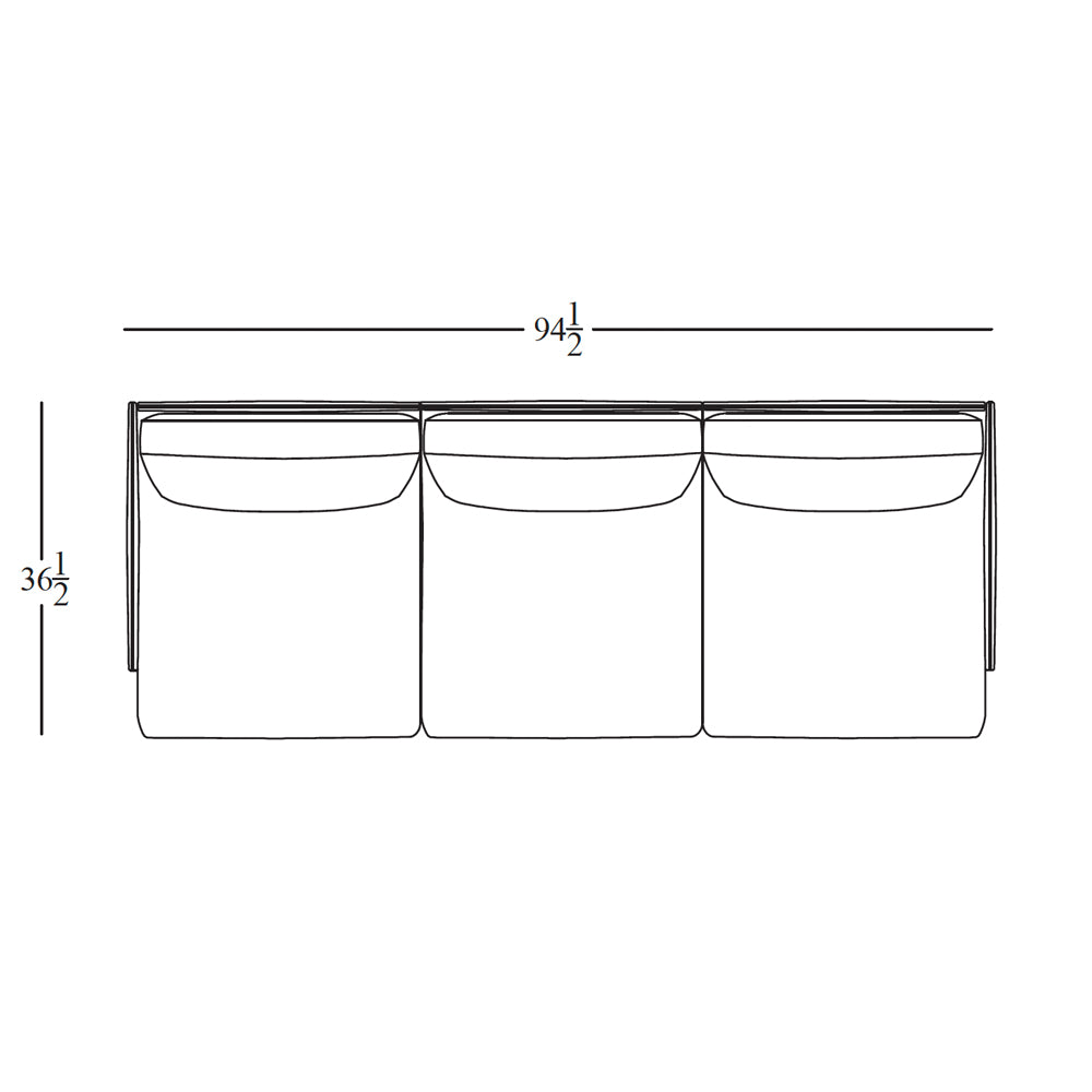 Line drawing of the Cherry Sofa 95" by Wooden Stories viewed from above, showcasing Danish design and labeled dimensions—95" wide and 36.5" deep—ideal for a modern living space.