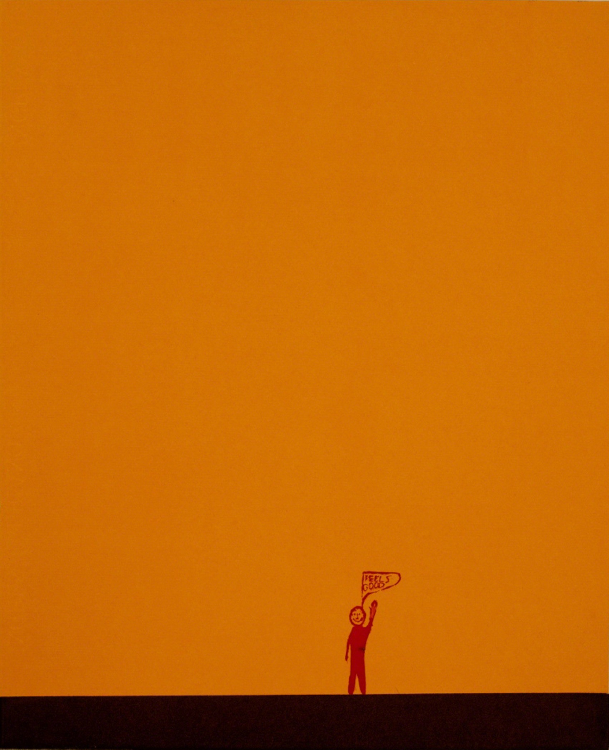 A small figure stands at the bottom of an orange background, holding up a sign that says HELP in a speech bubble. The figure appears alone in a vast empty space—an evocative scene reminiscent of Chris Johanson’s signature style. Excellent Perceptions 