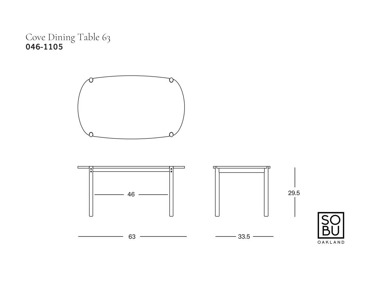 Top-down, front, and side technical line drawings of a solid light oak Cove Dining Table by Wooden Stories, with dimensions showing a 63-inch length, 33.5-inch width, and 29.5-inch height.