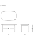 Top-down, front, and side technical line drawings of a solid light oak Cove Dining Table by Wooden Stories, with dimensions showing a 63-inch length, 33.5-inch width, and 29.5-inch height.
