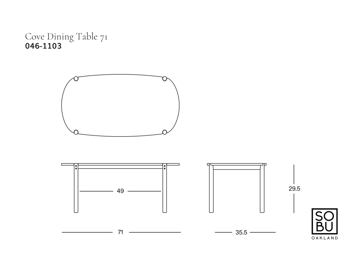 Line drawing of a Cove Dining Table | Light Oak with rounded corners, showing top, side, and front elevations with dimensions in inches.