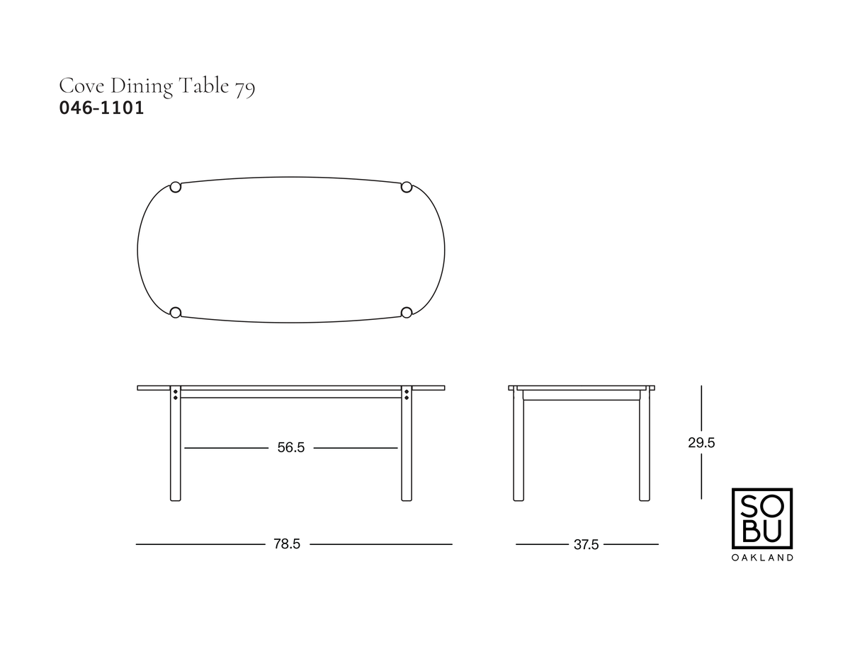 Line drawing of a Cove Dining Table | Light Oak with rounded corners, showing top, side, and front views with dimensions in inches.