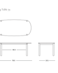 Line drawing of a Cove Dining Table | Light Oak with rounded corners, showing top, side, and front views with dimensions in inches.