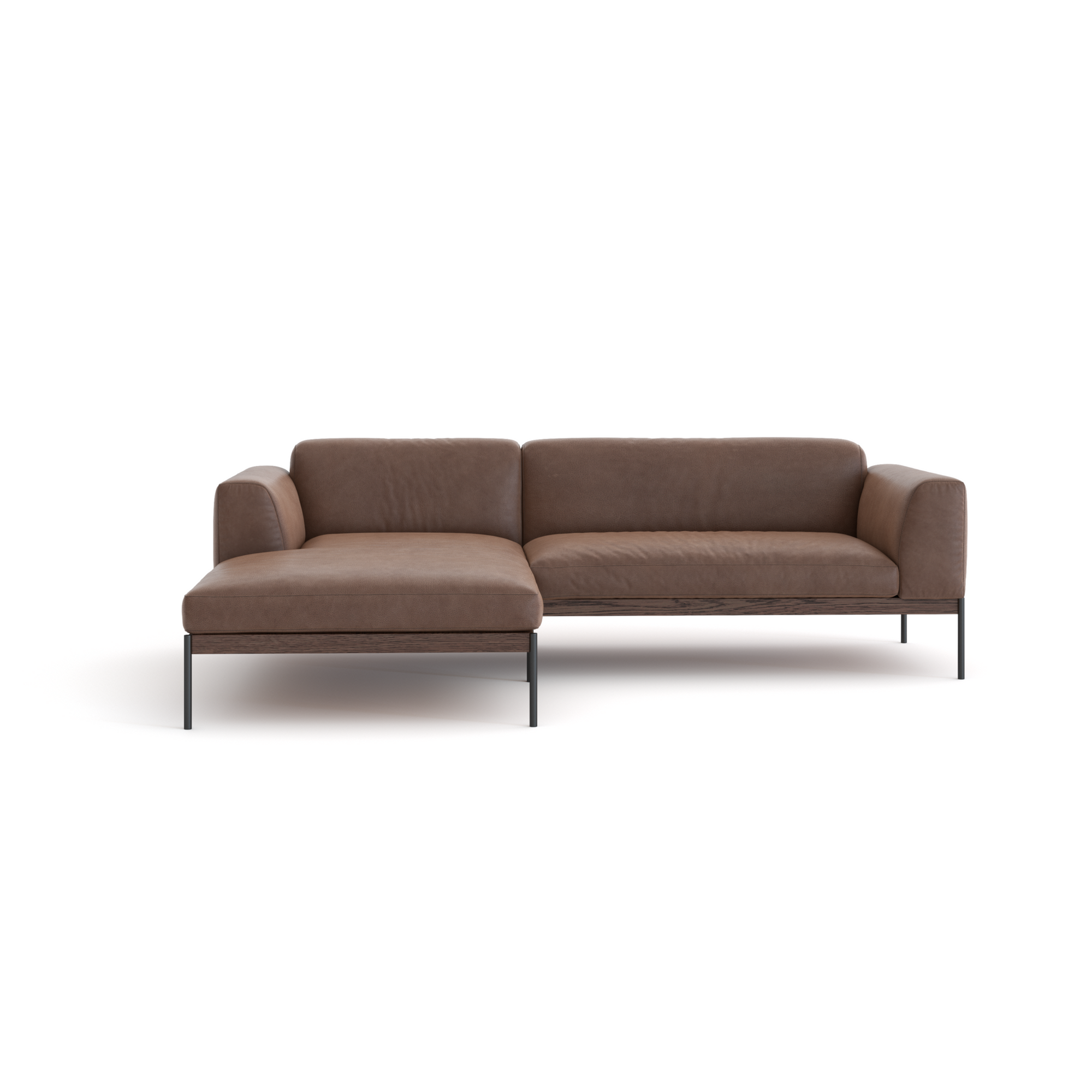 The Department Modular Sofa | Leather • M1 by Wooden Stories is a modern brown sectional with a left chaise, low arms, and slim black metal legs, shown against a plain white background.
