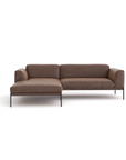 The Department Modular Sofa | Leather • M1 by Wooden Stories is a modern brown sectional with a left chaise, low arms, and slim black metal legs, shown against a plain white background.