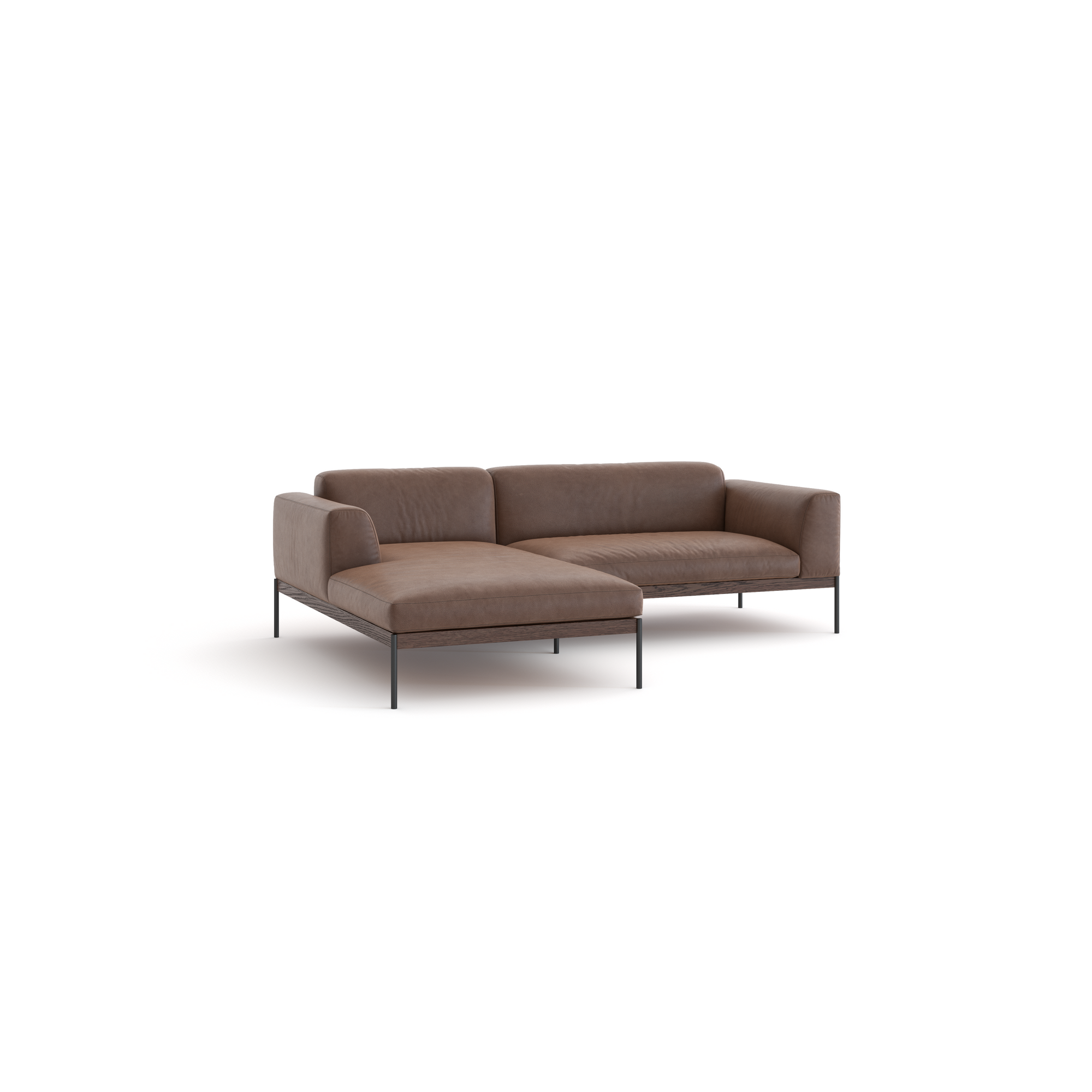 The Department Modular Sofa | Leather • M1 by Wooden Stories is a modern brown sectional with a left chaise, low backrests, slim armrests, black metal legs, and a solid wood base inspired by Danish design, shown on a plain white background.