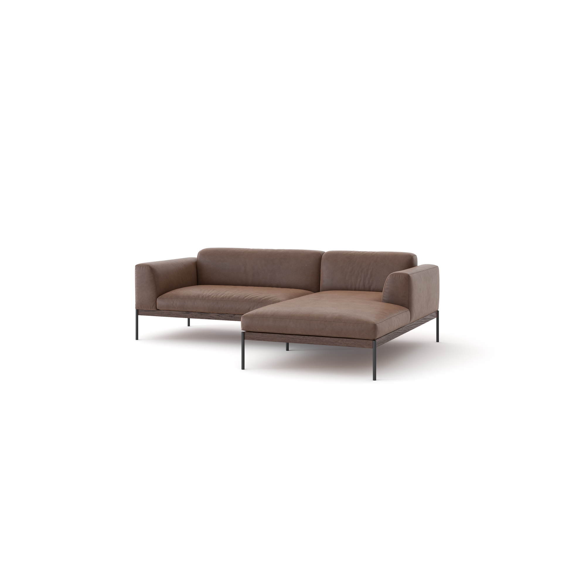 The Department Modular Sofa | Leather • M1 by Wooden Stories is an L-shaped brown sectional with a low backrest and slim black metal legs, inspired by Danish collections, shown against a white background.