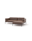The Department Modular Sofa | Leather • M1 by Wooden Stories is an L-shaped brown sectional with a low backrest and slim black metal legs, inspired by Danish collections, shown against a white background.