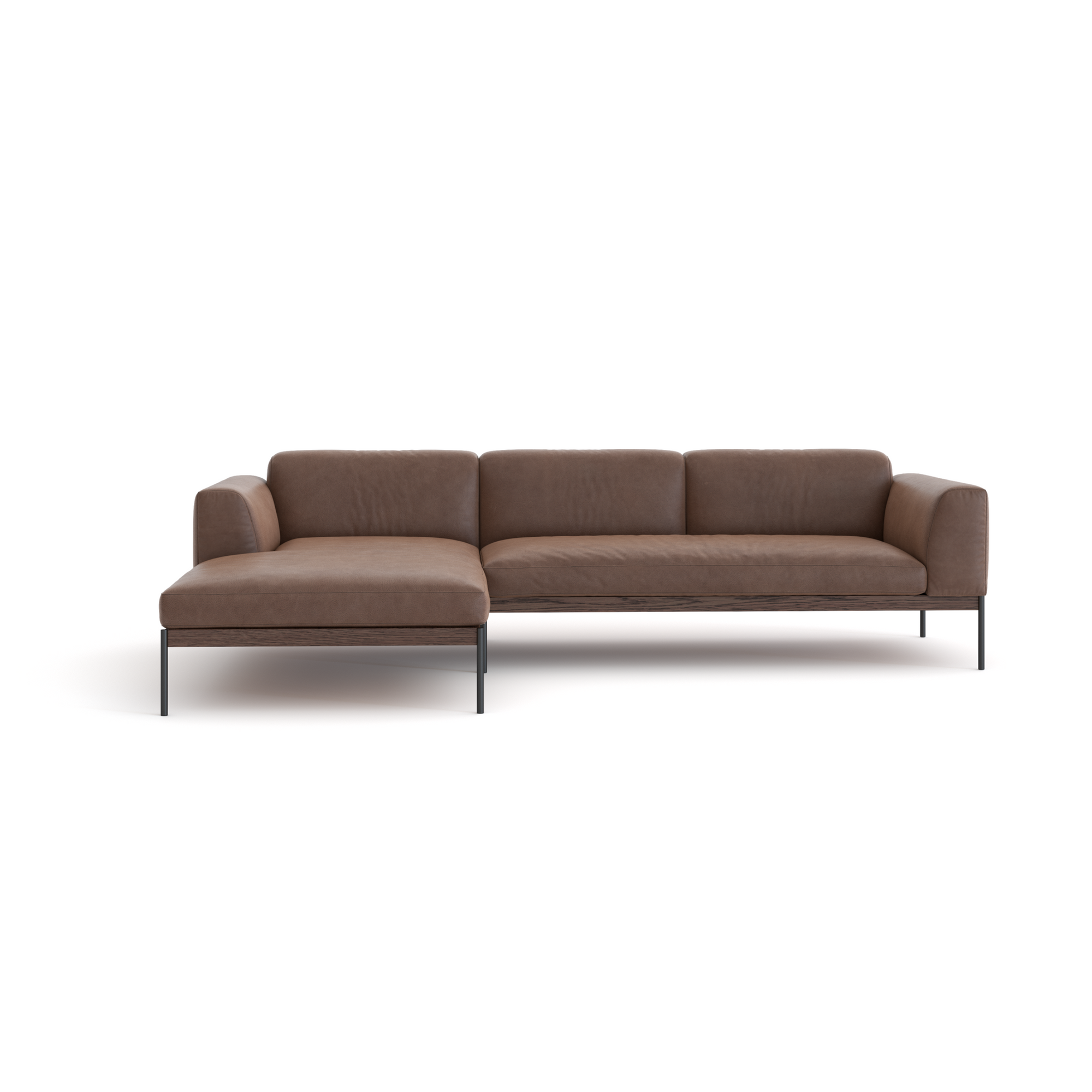 The Department Modular Sofa | Leather • M2 by Wooden Stories features plush cushions and slim metal legs in a brown L-shaped design, inspired by Danish collections and set against a white background.